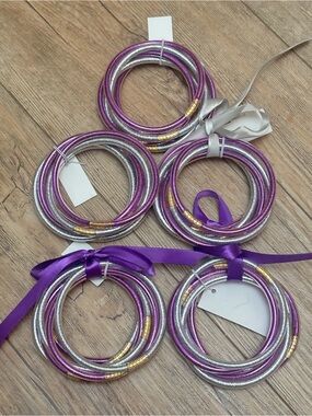 Set of Purple and Silver Jelly Bangle Bracelets Stack of 6 Lot of 5